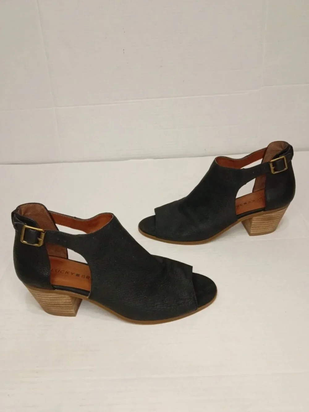 Lucky Brand Barimo Black Leather Peep Toe Booties Women’s Size 8M